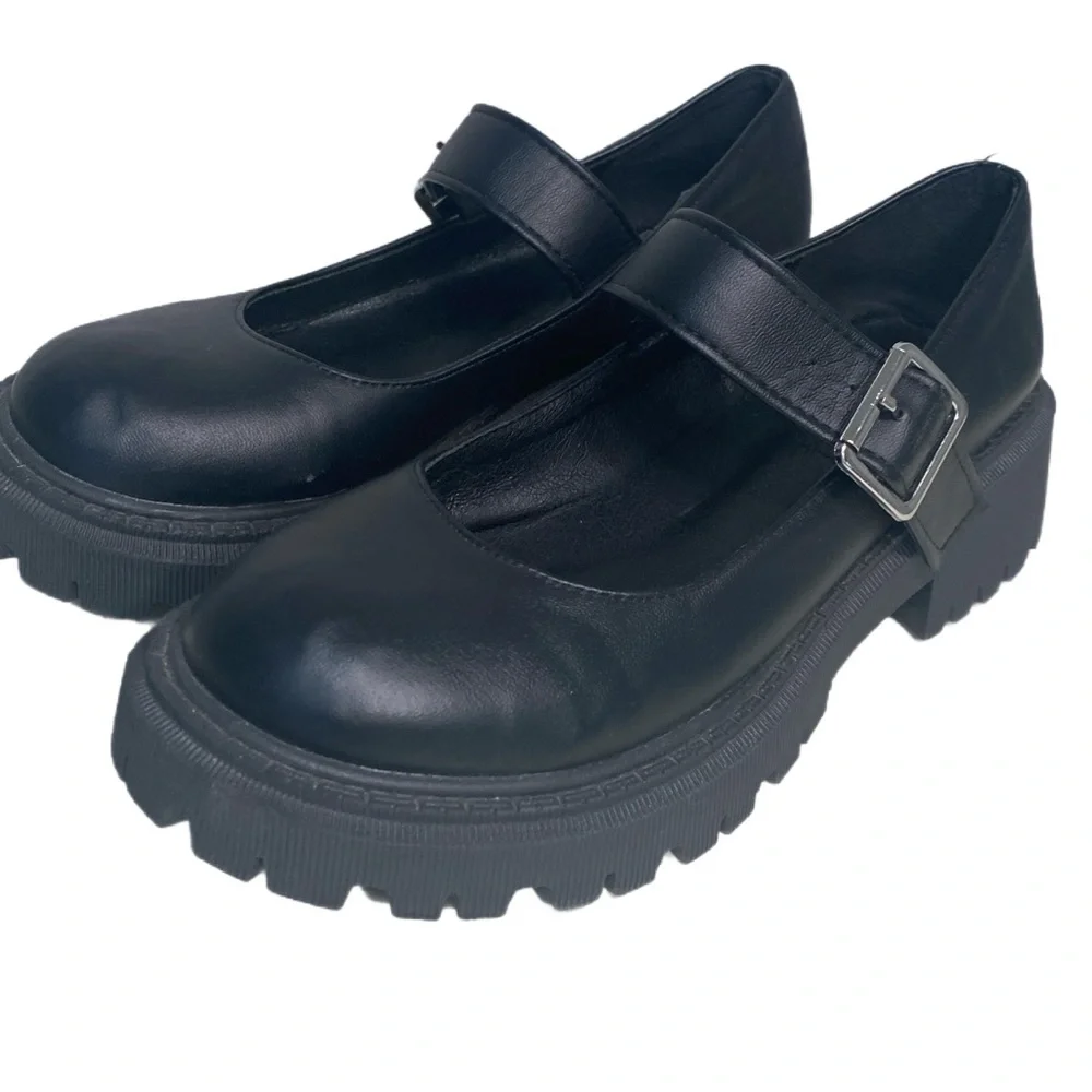 Black Faux Leather Y2K Mary Jane Chunky Heel Platform Shoes US 7 Grunge Goth